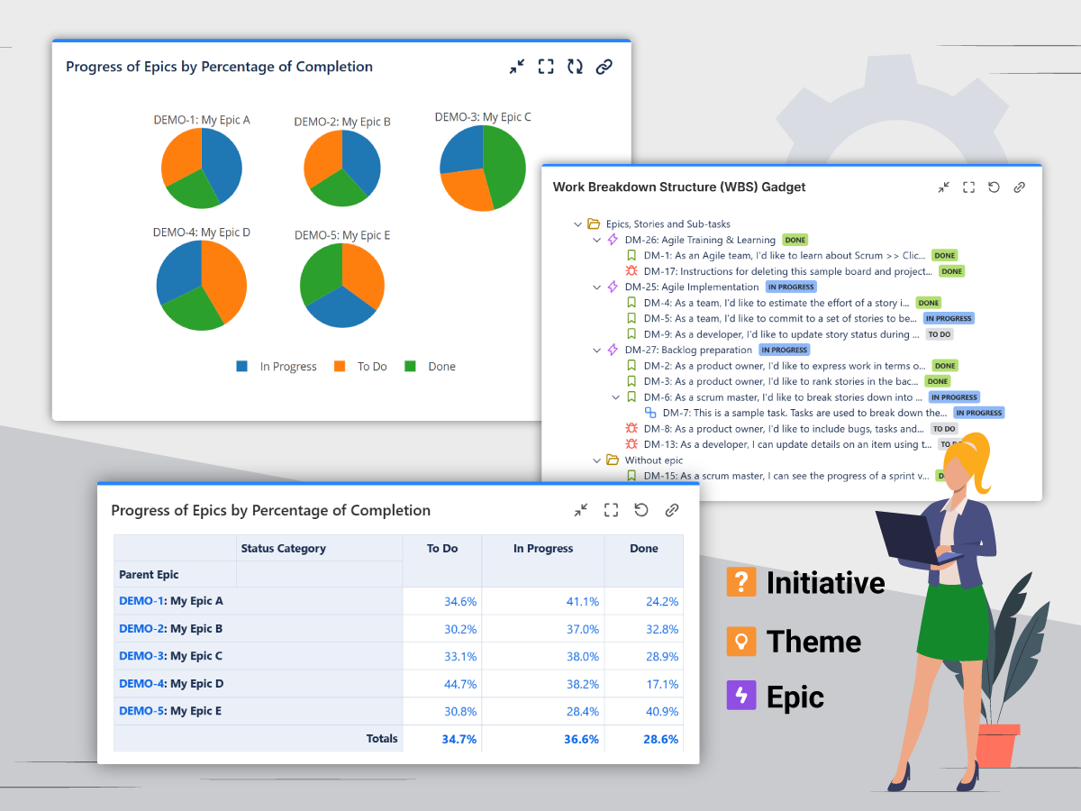 How to display the progress of Epics, Initiatives and Themes in Jira or Confluence with Great Gadgets